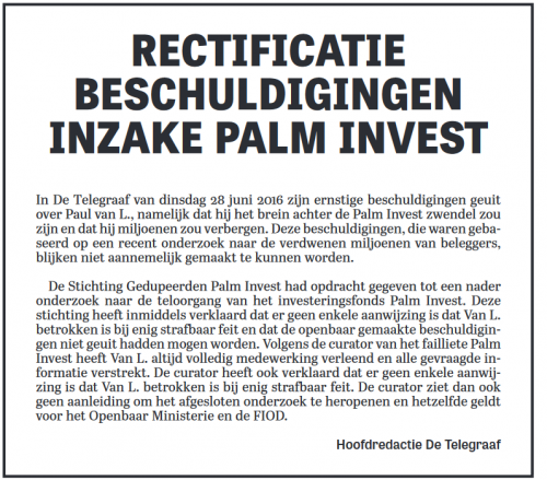 Telegraaf rectificatie Palm Invest